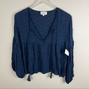 We My People | Navy Solid V-Neck Babydoll Gathered Blouse
